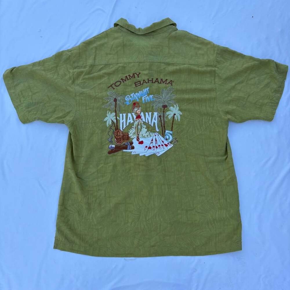 Tommy Bahama XL Green Silk Camp Shirt Embroidered Havana Casino Poker Cigar Leaf
